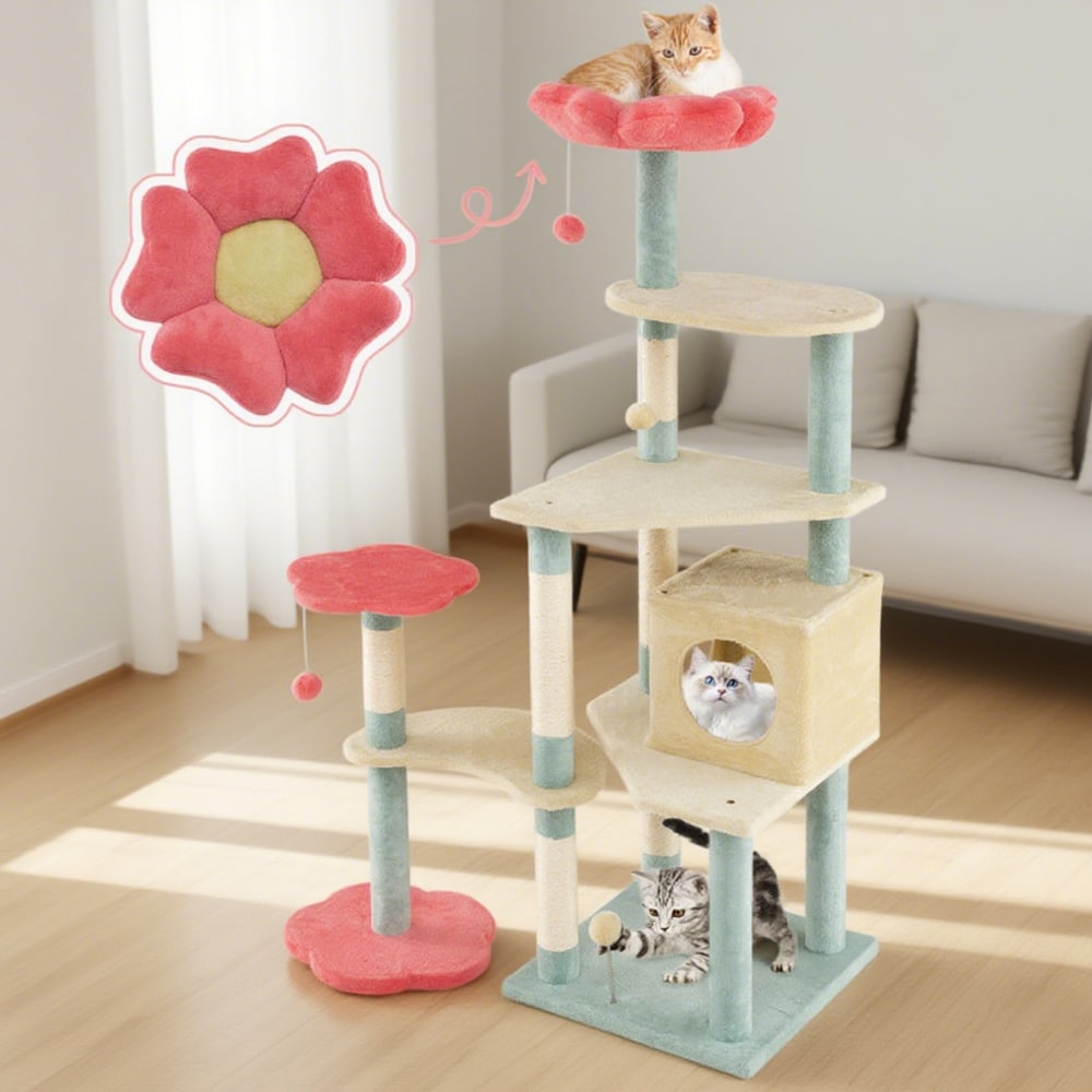61 Inch Multi-Level Aesthetic Floral Kitten Tower With Flower-Shaped Padded Perch_voghion.com